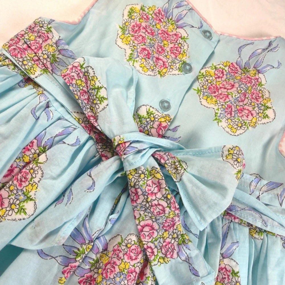 Laura‎ Ashley Dress Girls 4 Blue Floral Polka Dot Sleeveless Bow Y2K Girls EUC